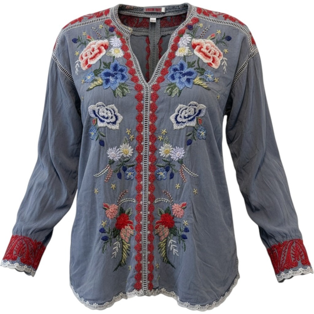 JOHNNY WAS Blouse Womens Medium C13020-6 Grey Cupra Rayon Floral Embroidered Top